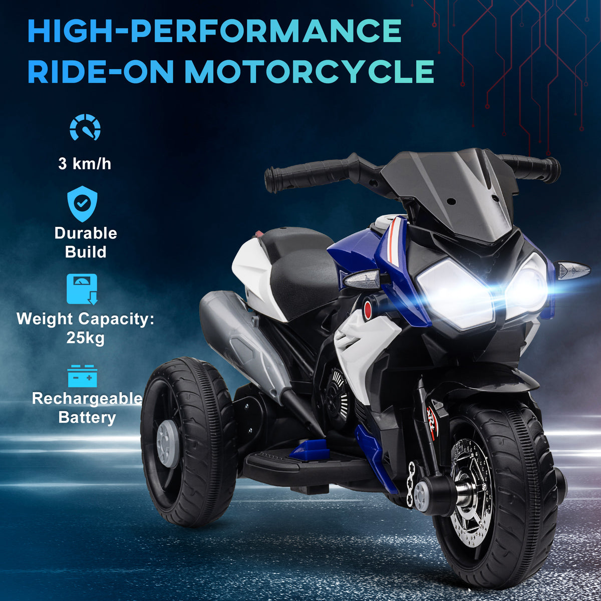 6V Kids Electric Ride-On Motorcycle | 3-Wheel Stable Design | 25W Motor | 0-3 km/h | LED Headlight | Music & Horn | 45 Min Ride | Max 25kg | Age 3-8 | 86x42x52cm | Blue or Pink