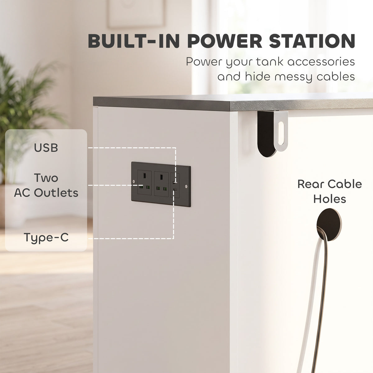 20-29 Gallon Aquarium Stand | White & Black Fish Tank Cabinet | Storage | UK Power Hub | USB & Type-C Charging