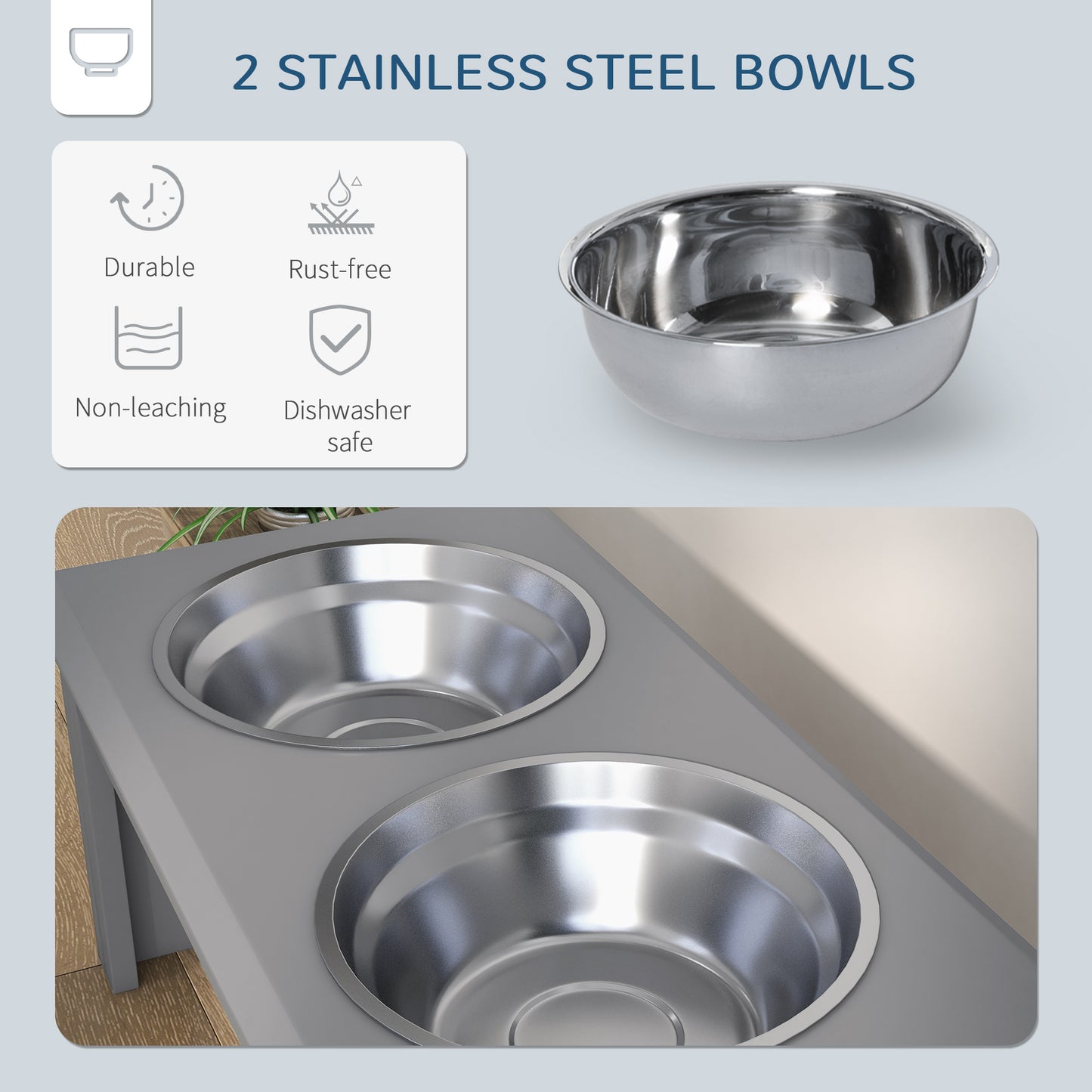 PawHut Raised Dog Feeding Bowls with Stand, Stainless Steel for Small and Medium Dog, 58L x 31W x 25H cm - Grey