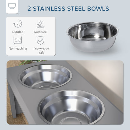 PawHut Raised Dog Feeding Bowls with Stand, Stainless Steel for Small and Medium Dog, 58L x 31W x 25H cm - Grey