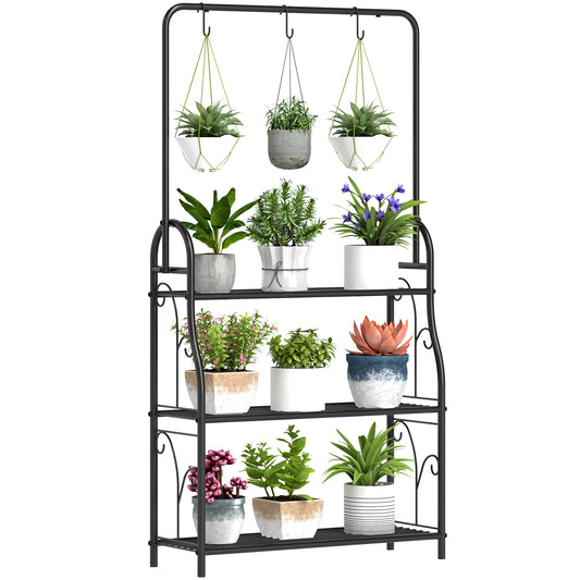 3 Tier Plant Stand with Hanging Rod and Hooks, Metal Plant Rack Shelf, Ladder Flower Pot for Indoor Outdoor, Black