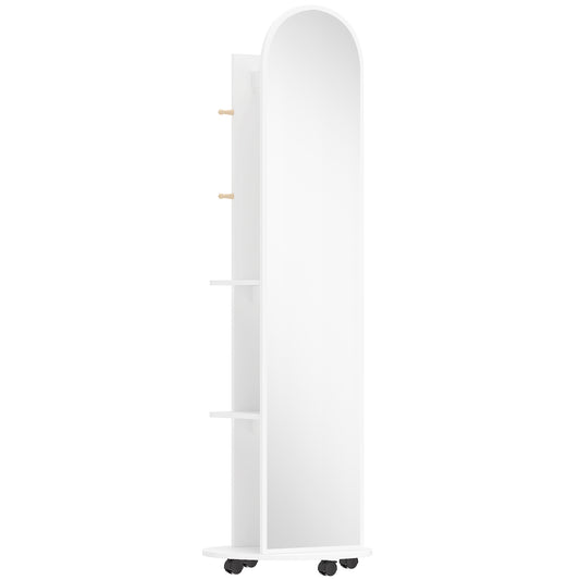 2-in-1 Full-Length Floor Mirror with Hidden Back Storage Shelves | Coat Rack & Hooks | 4 Lockable Wheels | Shatter-Resistant Tempered Glass | 50x50x167cm | White