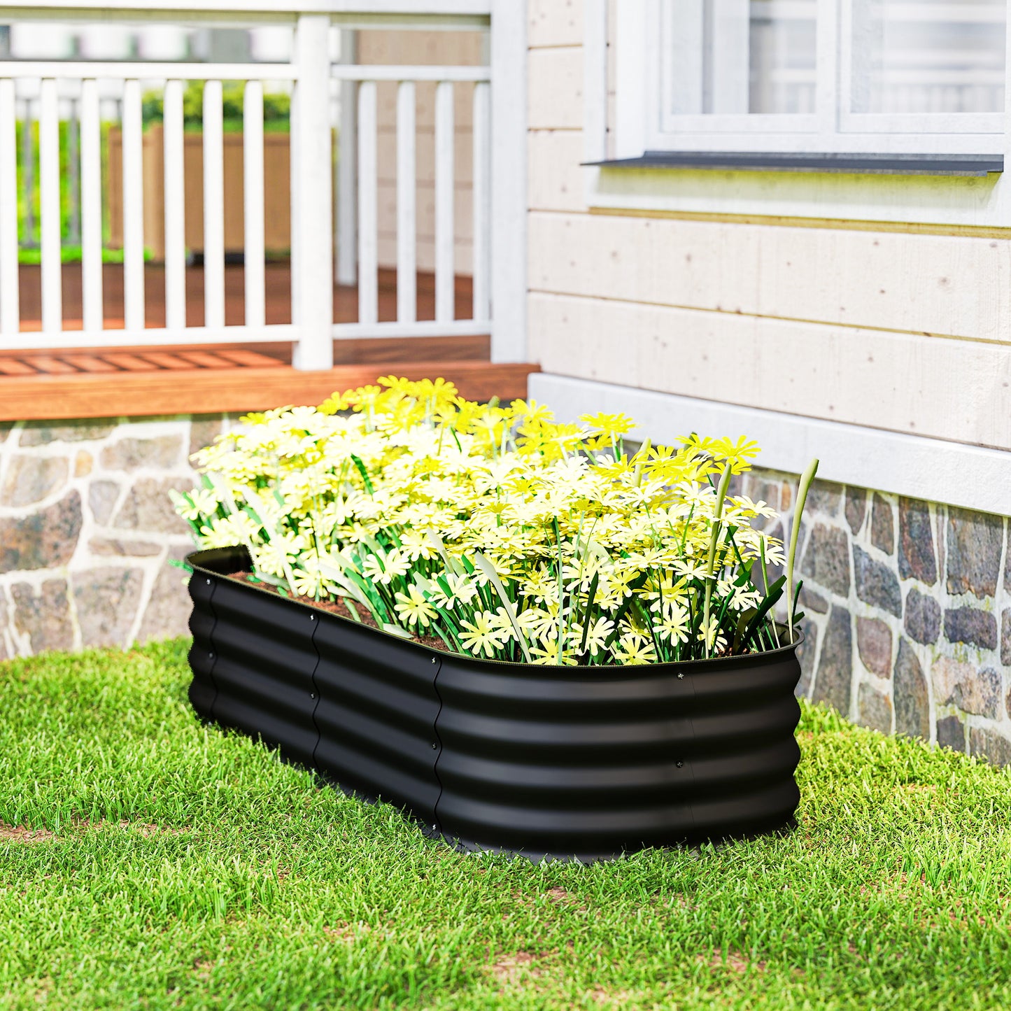 Flexible Galvanised Steel Raised Garden Bed | Safety Rubber Edging | Open Bottom | Configurable Round Oval or Oblong | 150x62x30cm | For Flowers Herbs & Succulents | Black