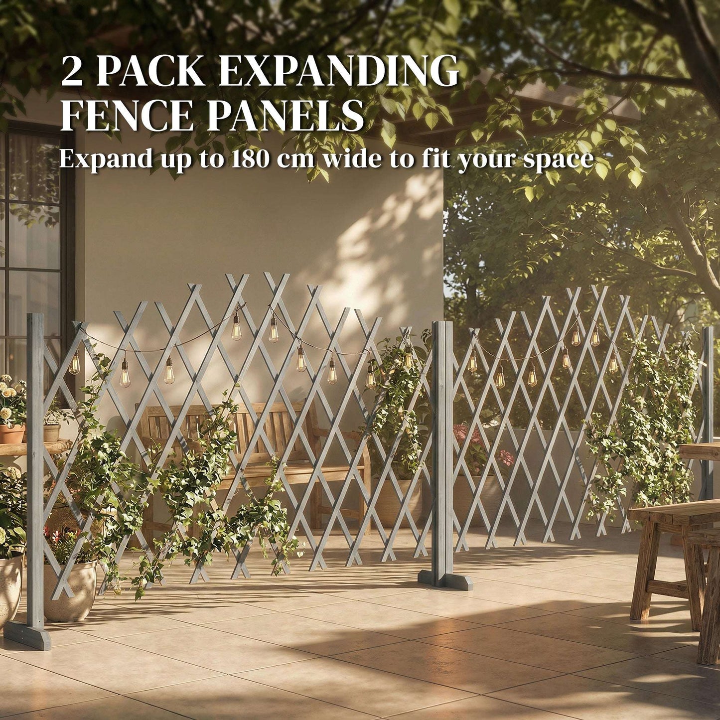 2 Pack Expanding Garden Fence Panels | 180cm Wide | Freestanding | Foldable | Varnished Fir Wood | Dark Grey