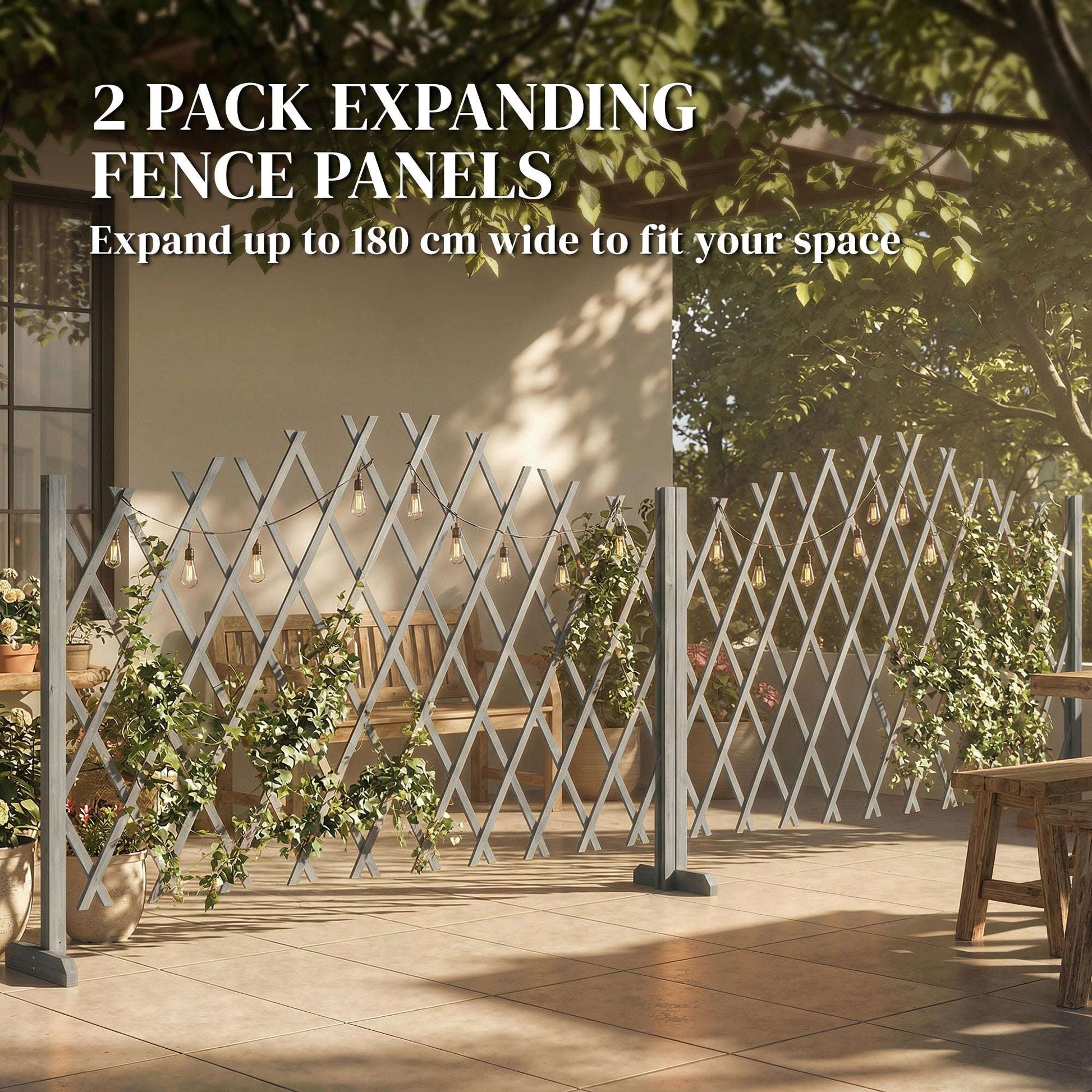 2 Pack Expanding Garden Fence Panels | 180cm Wide | Freestanding | Foldable | Varnished Fir Wood | Dark Grey