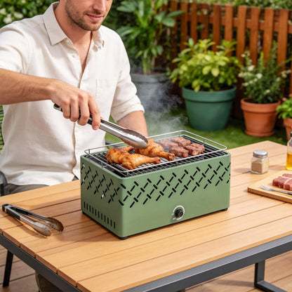 Portable Battery-Powered Charcoal BBQ Grill – Built-In Fan, Stepless Heat Control, 600°C Rated, 45.5x29cm Grill Surface, For Camping & Garden – Light Green