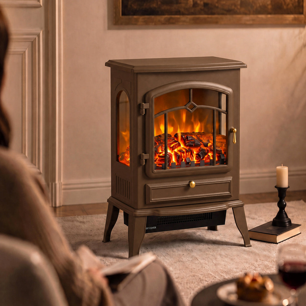 3-Sided Electric Fireplace Stove Heater | 1000/2000W Freestanding 3D Flame Effect with 10-35°C Thermostat | 15-30 m² | Brown, Grey or Black