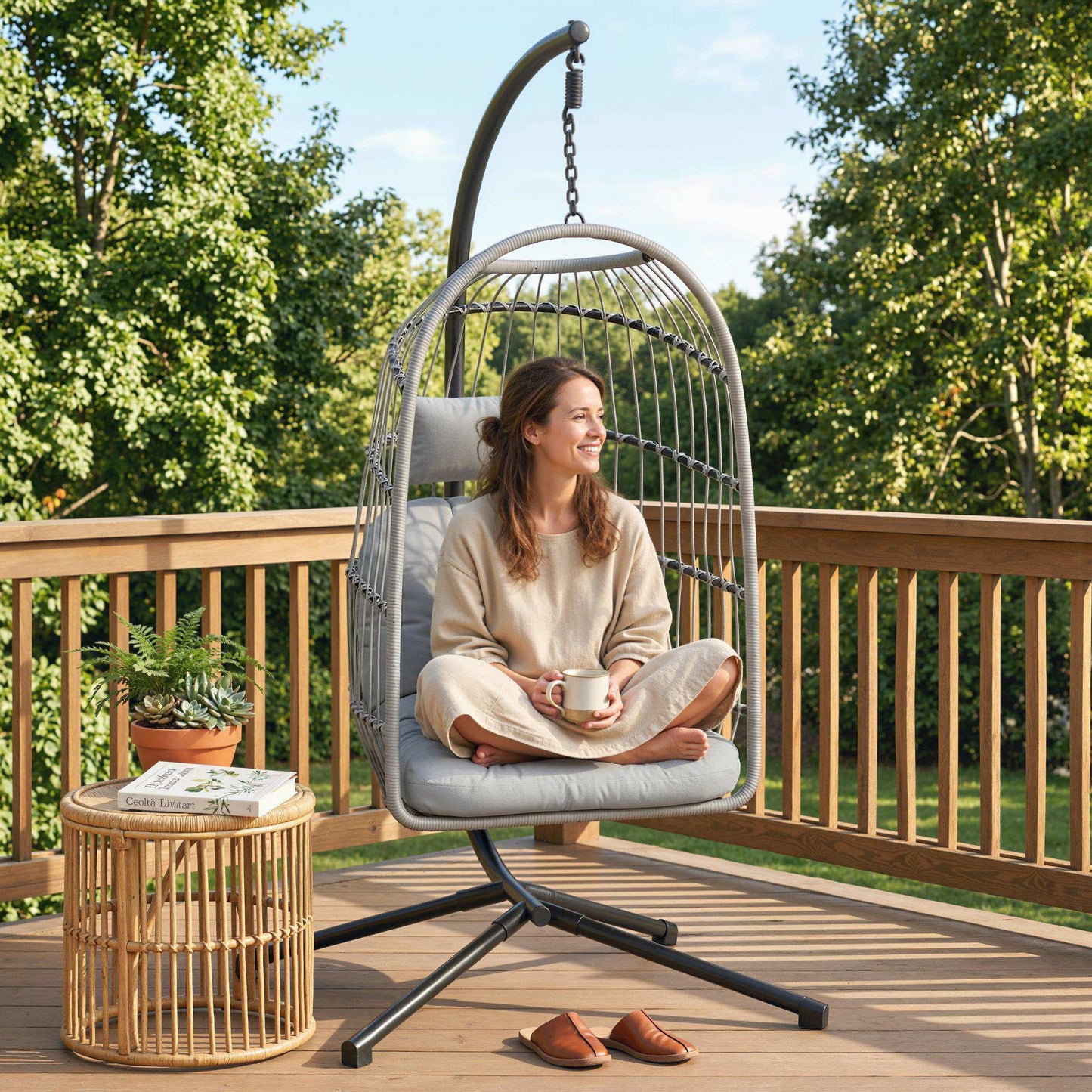 Hanging Egg Chair with Stand | 15cm Cushion, Headrest & Safety Strap | Foldable | 120kg | Light Grey