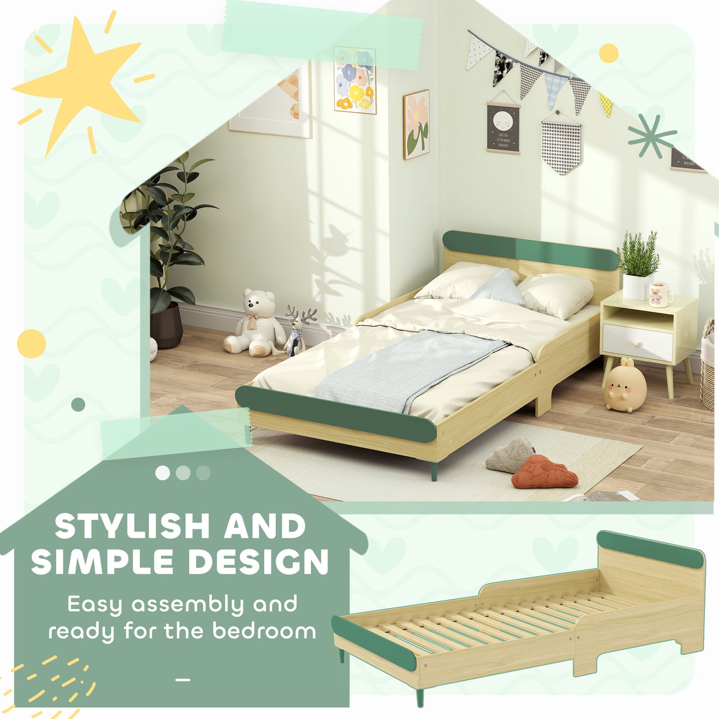 Toddler Bed with Safety Rail for Ages 3-10 Years, 195 x 103 x 60.5cm, Green