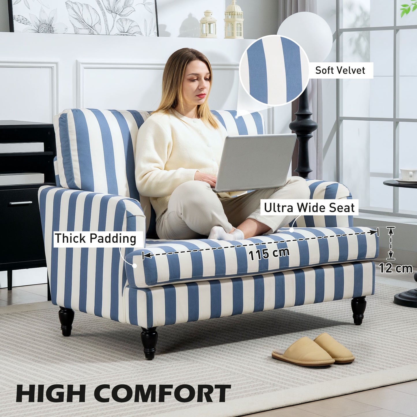 Modern Accent Chair, Velvet Armchair with Stripe, Turned Legs and Wide Seat, Upholstered Snuggle Chair for Living Room, Bedroom, Blue and White