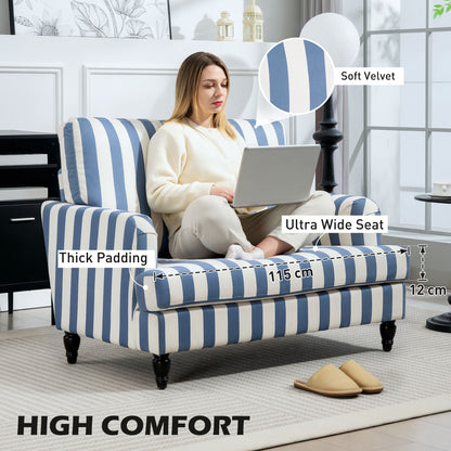 Modern Accent Chair, Velvet Armchair with Stripe, Turned Legs and Wide Seat, Upholstered Snuggle Chair for Living Room, Bedroom, Blue and White