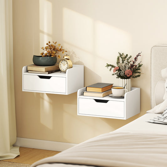 Set of 2 Floating Wall-Mounted Bedside Tables / Nightstands | Drawer & Top Shelf | 10kg | White
