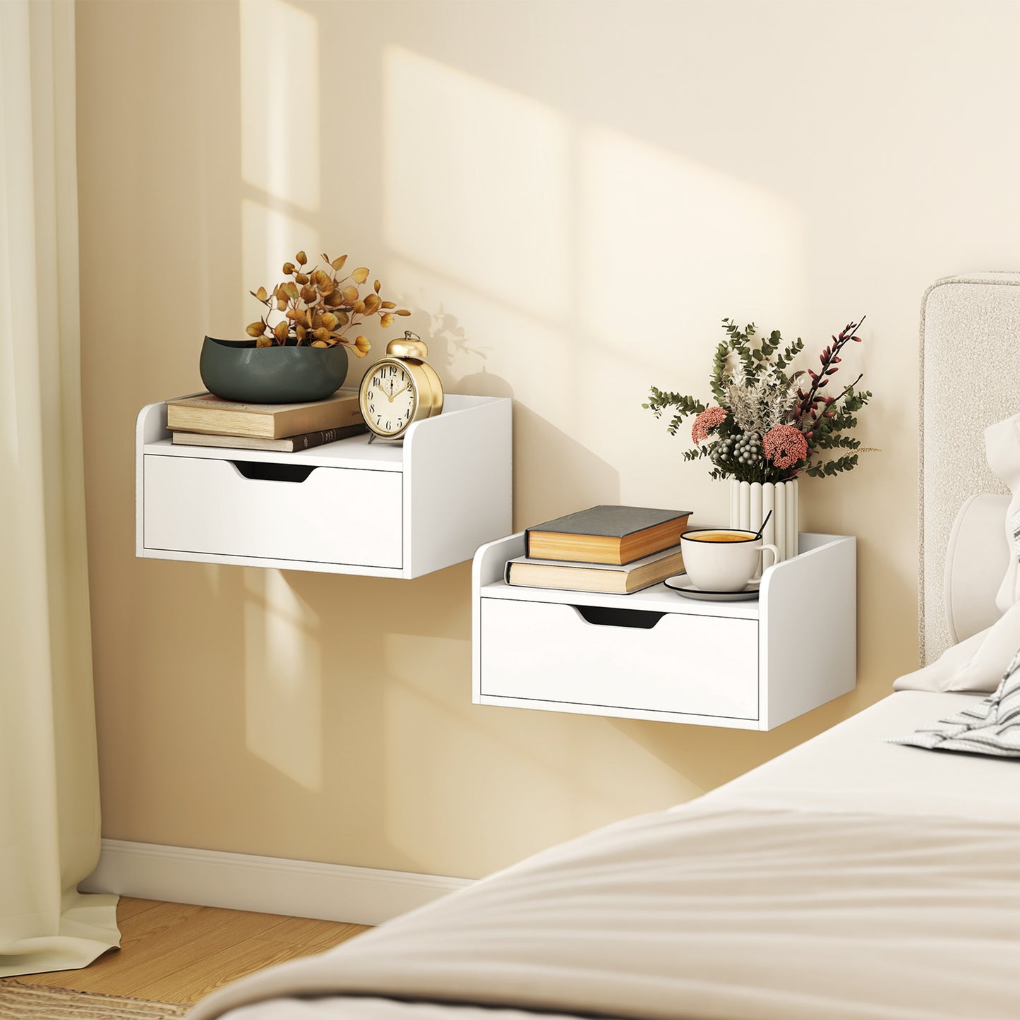 Set of 2 Floating Wall-Mounted Bedside Tables / Nightstands | Drawer & Top Shelf | 10kg | White