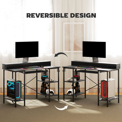Reversible Computer Desk with LED Lights and Power Outlets, 120 x 55 cm Gaming Desk with Monitor Stand, Sliding Keyboard Tray and Storage Shelves,