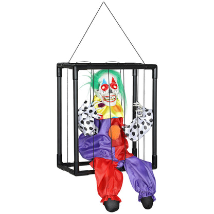 Halloween Animated Hinging Clown in Cage with Glowing LED Eyes, Spooky Clown Scary Halloween Decorations, Battery Operated, Indoor Party Props