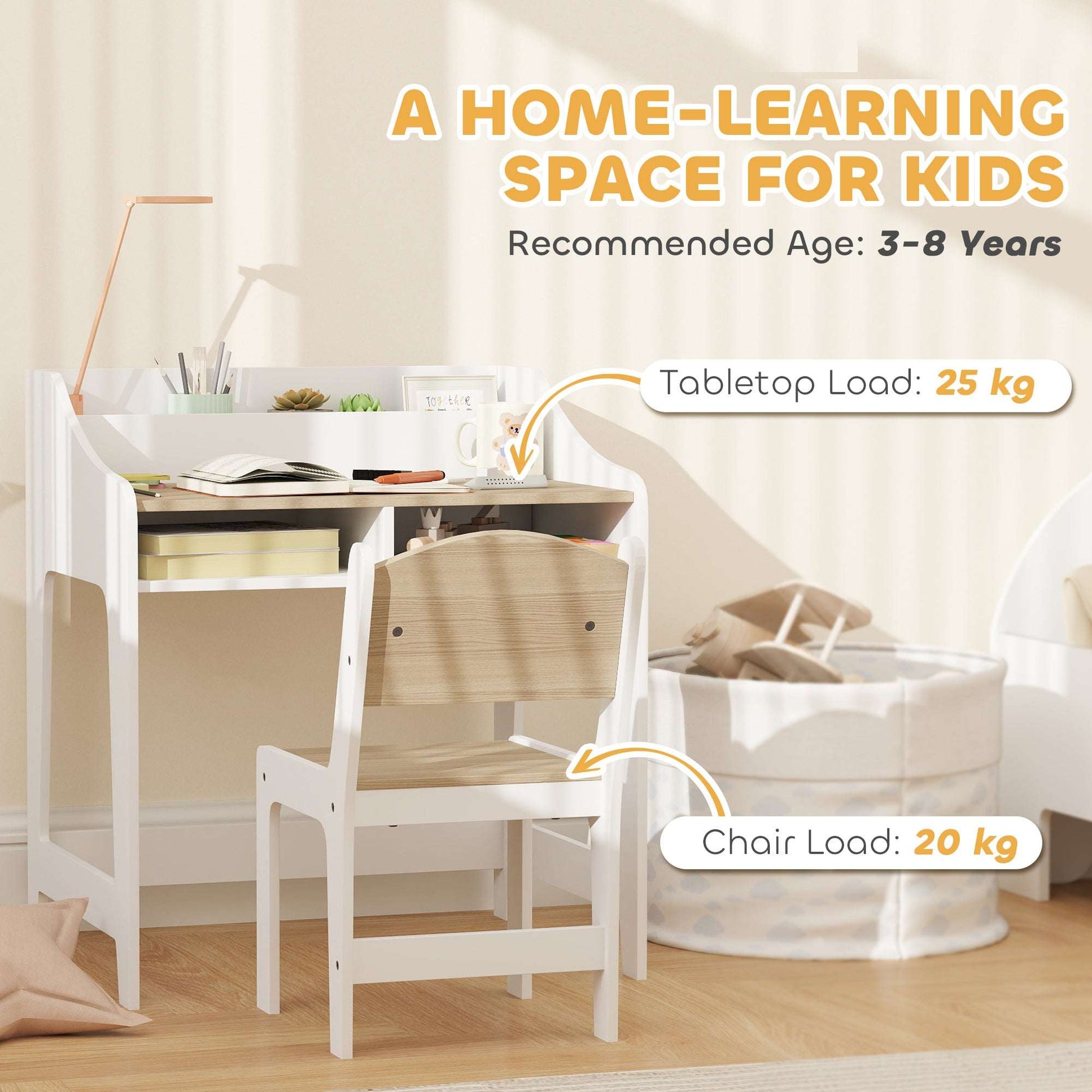 AIYAPLAY Kids Desk and Chair Set, Children Study Table with Storage and Shelves for Study Room, Gift for 3-8 Years, Natural