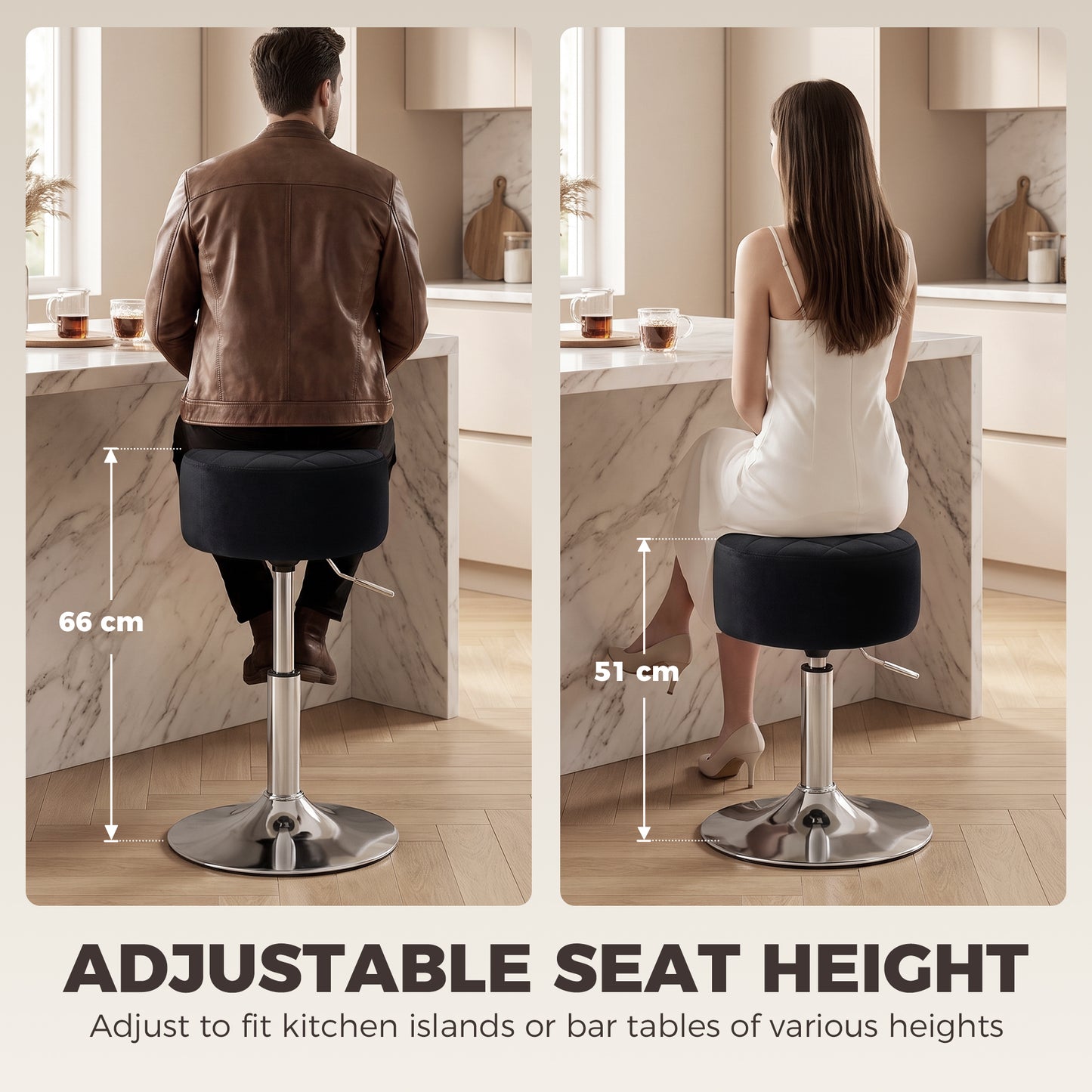 Adjustable Swivel Bar Stool | Velvet-Feel Seat | 17cm Cushion | Gas Lift 51–66cm | 360° Swivel | 120kg | Black / Grey