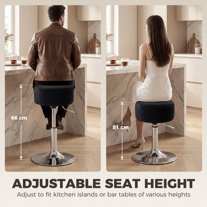 Adjustable Swivel Bar Stool | Velvet-Feel Seat | 17cm Cushion | Gas Lift 51–66cm | 360° Swivel | 120kg | Black / Grey