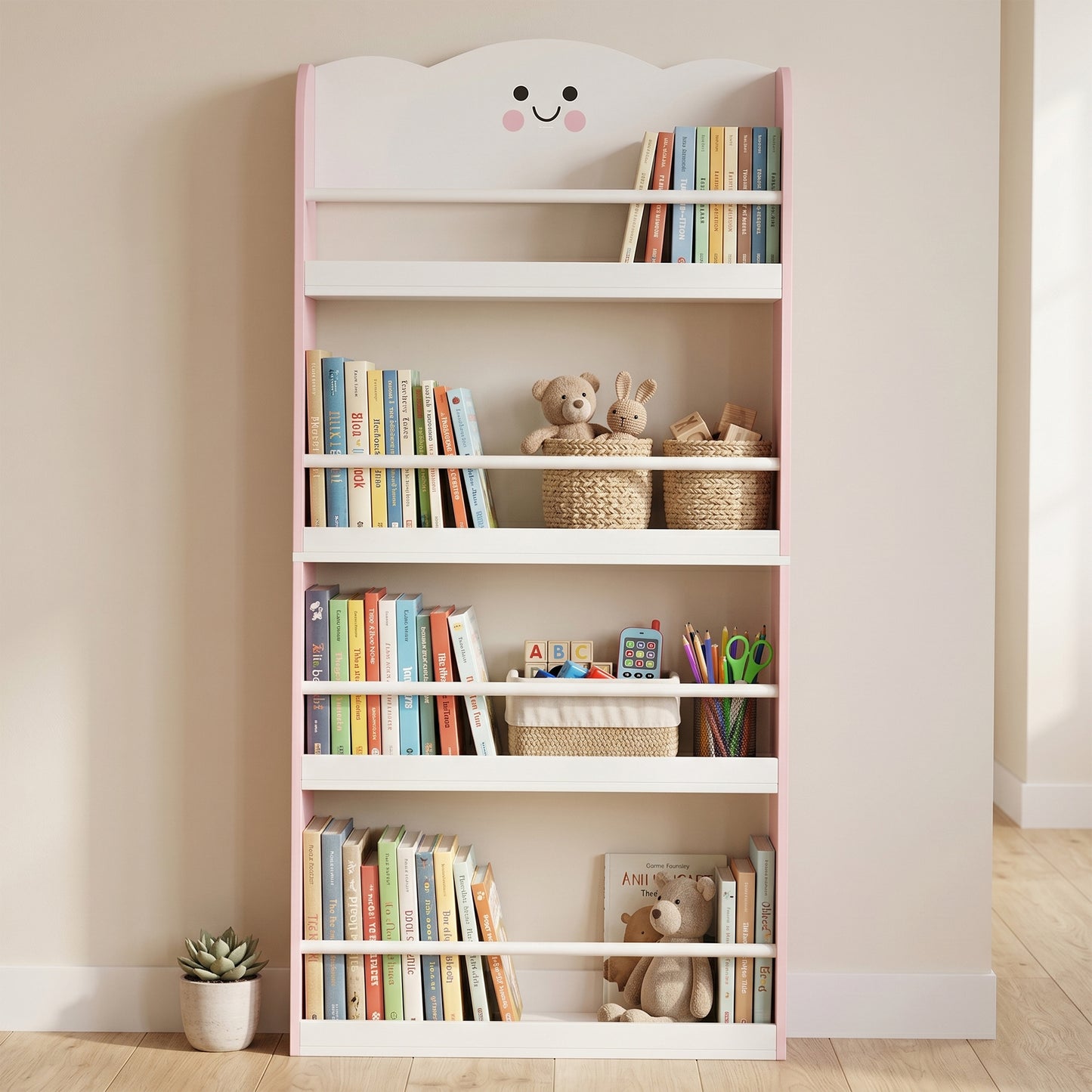 4-Tier Kids Wall-Mounted Bookshelf | Cotton Candy Theme | MDF & Pine | Anti-Tip | 3+ Years | Pink & White