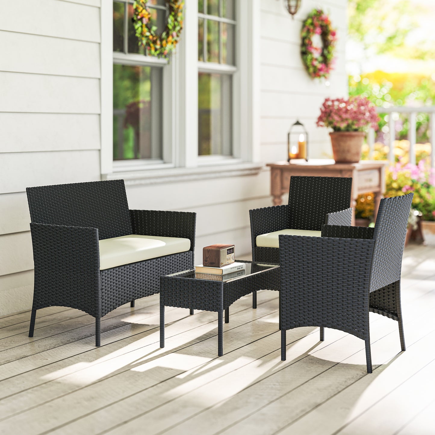 4 Piece Rattan Garden Sofa Set | Loveseat | 2 Armchairs | Tempered Glass Coffee Table | UV-Resistant PE Rattan | Powder-Coated Steel | Zipped Washable Cushions | Foot Pads | Cream