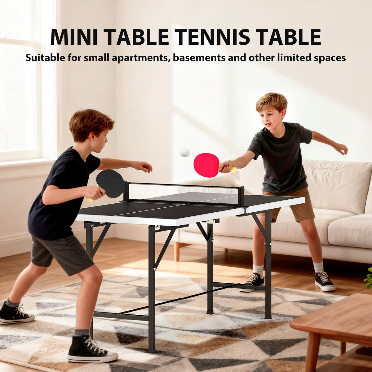 SPORTNOW 5ft Mid-Size Table Tennis Table | Black | 152x76x70cm | Folds to 76x76x12cm | E1 MDF Top | Steel Frame | Removable Net 78x12cm | Safety Locks | 2 Paddles & 3 Balls Included
