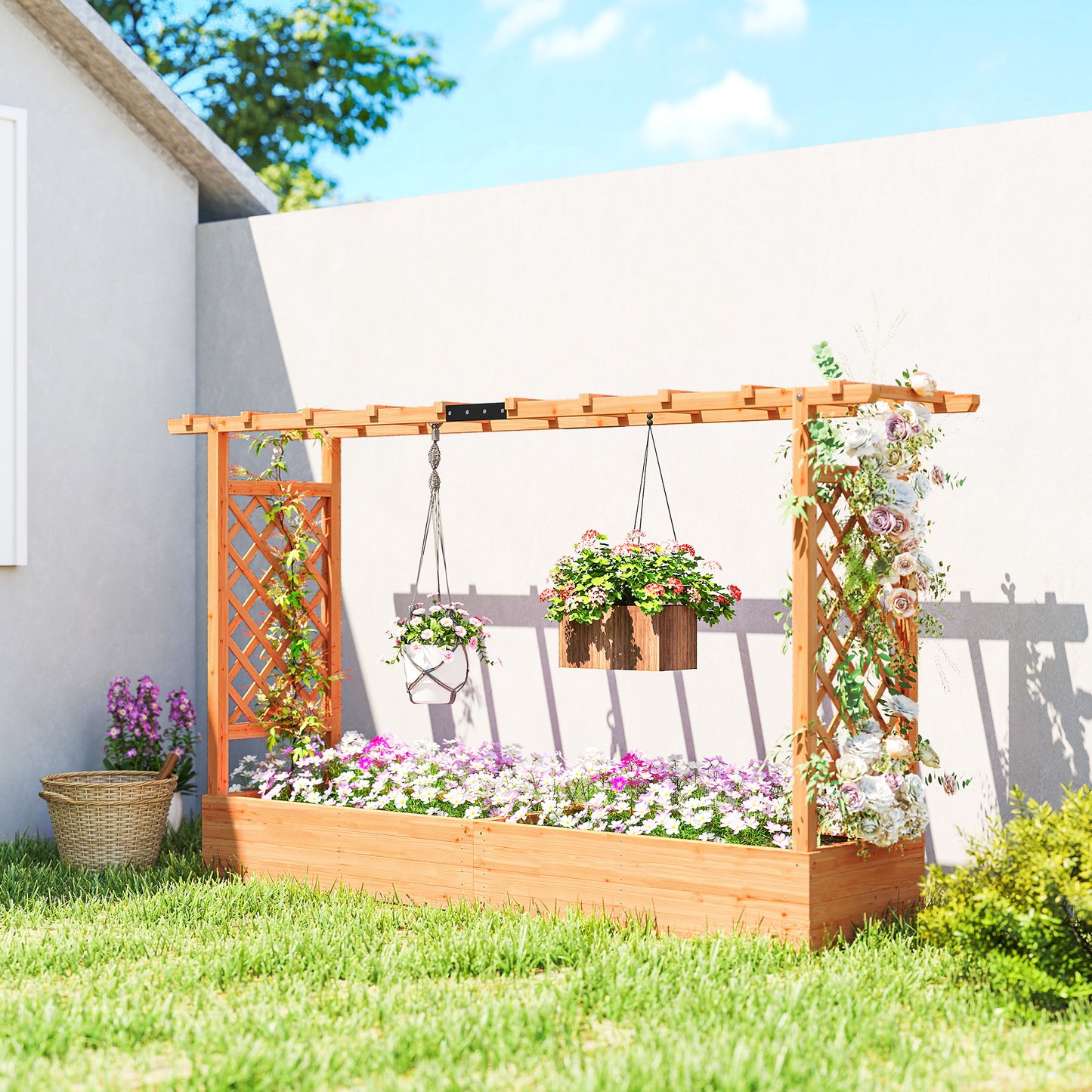 Wooden Raised Planter with Trellis & Hanging Roof Rails | Fir Wood | 2 Side Trellises | 8 Drainage Holes | 175x39cm Bed | 10kg Max | 200x44x113.5cm | Natural Wood Finish