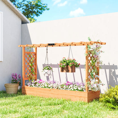 Wooden Raised Planter with Trellis & Hanging Roof Rails | Fir Wood | 2 Side Trellises | 8 Drainage Holes | 175x39cm Bed | 10kg Max | 200x44x113.5cm | Natural Wood Finish