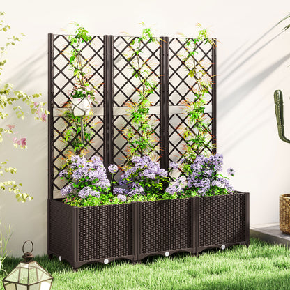 Large PP Raised Garden Bed with Trellis | 8 Drainage Holes & Drain Plugs | 75kg Capacity | 120x40x140cm | Indoor & Outdoor | Climbing Plants Veg & Flowers | Brown