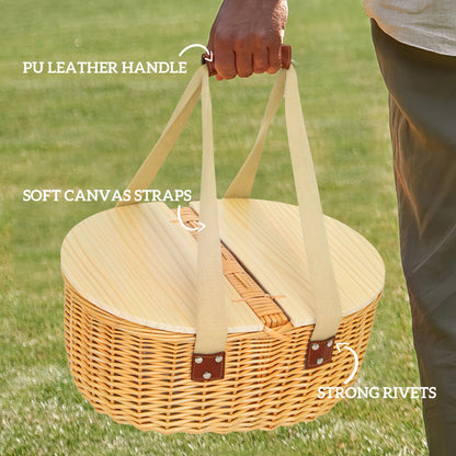 Wicker Picnic Basket for 2 with Pine Wood Lid, Picnic Hamper with Cooler Compartment, Cutlery Service Kits, Carry Handle for Camping, Outdoors
