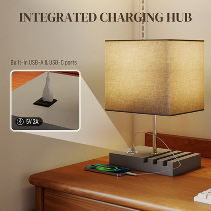 Bedside Table Lamp with USB-A & USB-C Charging Ports | 3 Device Organiser Slots | Solid Wood Base | TC Fabric Shade | Rocker Switch | E27 Max 40W | 1.5m Cable | 25x20x40.5cm | Bulb Not Included | Grey