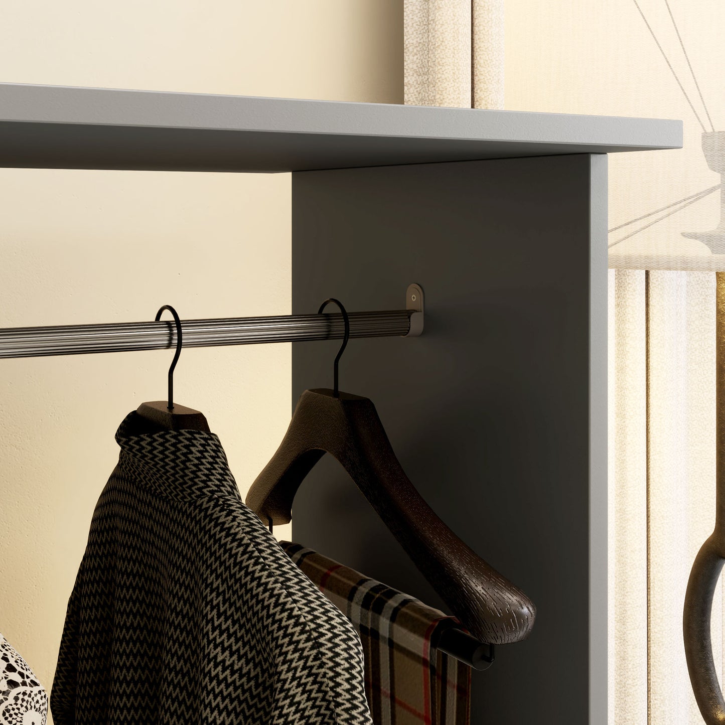 Double Open Wardrobe on Wheels, Bedroom Wardrobe with Clothes Hanging Rails, 3 Storage Shelves, Mobile Garment Rack for Cloakroom, Hallway, Grey