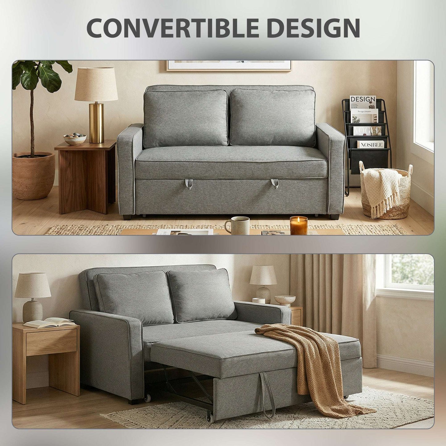 3-in-1 2-Seater Sofa Bed | Click-Clack 3-Position Backrest | Eucalyptus Wood Frame | 12cm High-Density Foam | Faux Linen Upholstery | 2 Washable Pillows | 220kg Max | Sofa 148x86x91.5cm | Bed 126x175x45cm | Grey