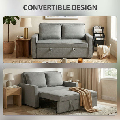3-in-1 2-Seater Sofa Bed | Click-Clack 3-Position Backrest | Eucalyptus Wood Frame | 12cm High-Density Foam | Faux Linen Upholstery | 2 Washable Pillows | 220kg Max | Sofa 148x86x91.5cm | Bed 126x175x45cm | Grey