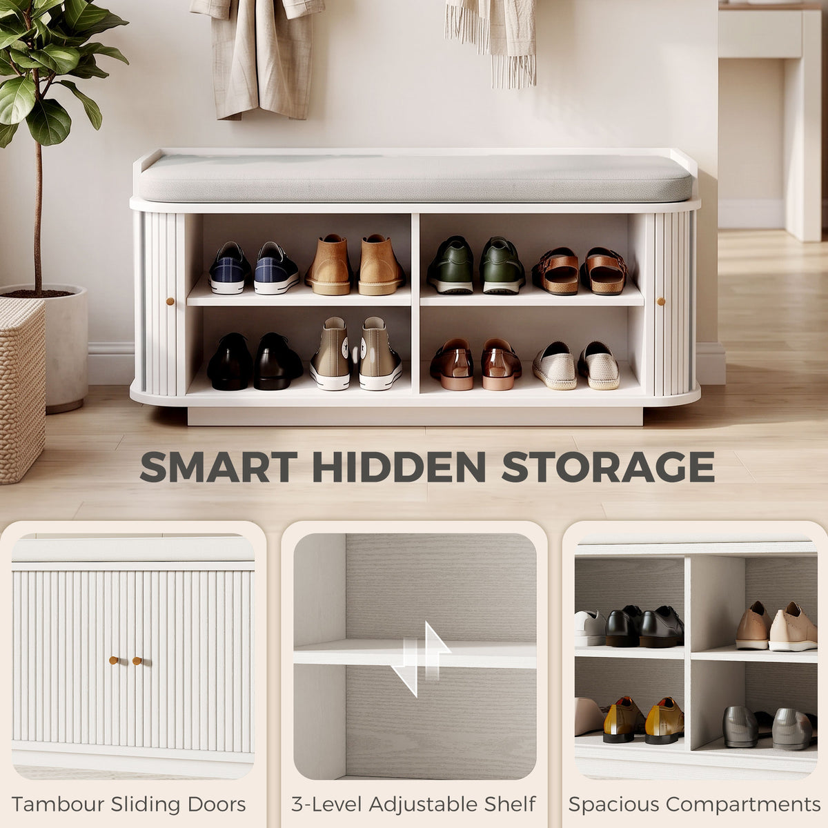 2-Piece Hallway Set | Shoe Bench 100x40x47.5cm 140kg Seat | Tambour Door | 2 Adjustable Shelves | Wall Coat Rack 80cm | 5 Alloy Hooks 10kg | 2 Wall Anchors | MDF | Entryway | White