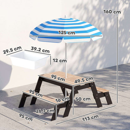 3-in-1 Kids Garden Table & Chair Set | Sand & Water Table | 2 Hidden Storage Boxes | Blue Striped Parasol | Fir Wood | Reinforced Metal Frame | Ages 3-6 | 113x95x160cm | Natural Wood