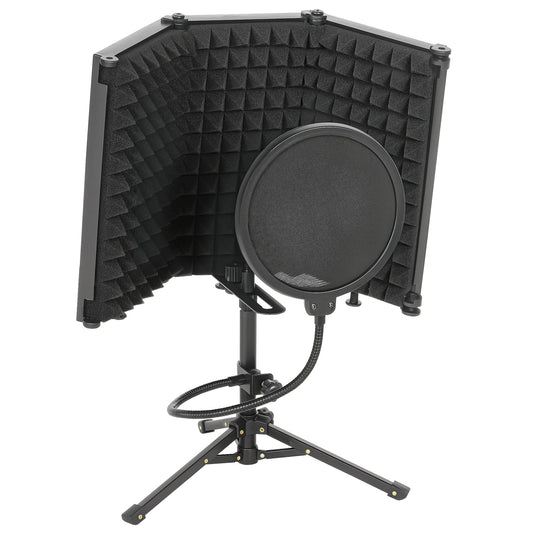 Studio Microphone Isolation Shield with Pop Filter and Tripod Stand, Foldable Adjustable Recording Studio Equipment, 3-Panel High Density Absorbent Foam Shield with 3/8" Threaded Mount, Black