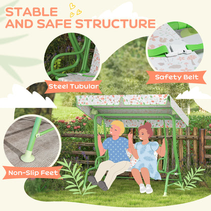 AIYAPLAY Kids Garden Swing Chair with Adjustable Canopy, Safety Belt, 2 Seater Hammock Swing Bench for Patio, Porch, Green / Pink