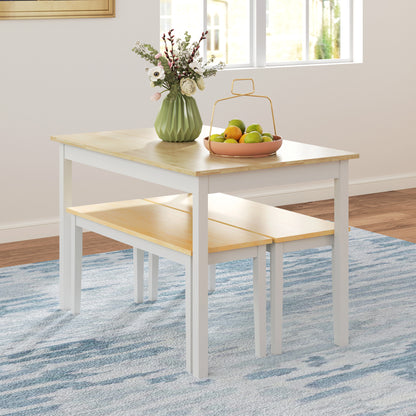 Dining Table and Bench Set, Farmhouse Kitchen Table and Bench with Wooden Frame for Living Room, Dining Room, Natural and White