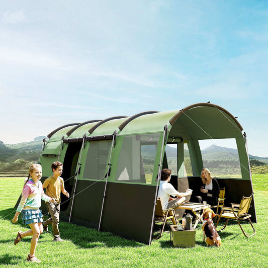 8-Person Camping Tent, Waterproof Family Tent, Tunnel Design, 4 Large Windows, Sleeping Cabins 3000mm Water Column Green - Blue