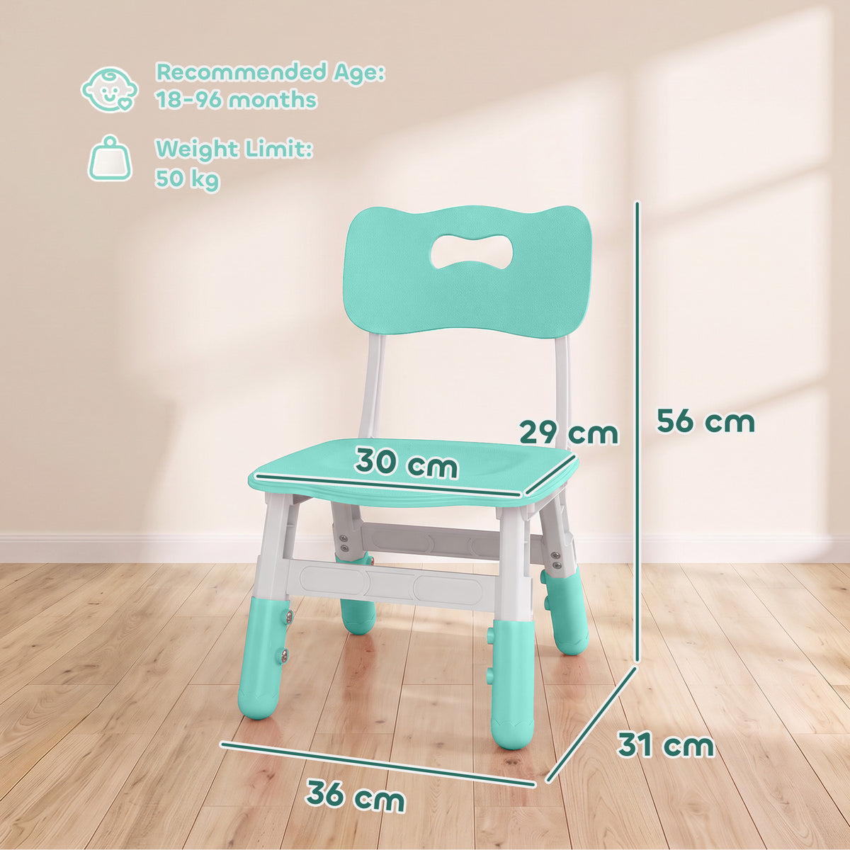 AIYAPLAY Kids Desk Chairs Set of 2 | Green & White | 3-Level Adjustable Seat Height 26–30cm | Backrests & PP Construction | Ages 18 Months–8 Years
