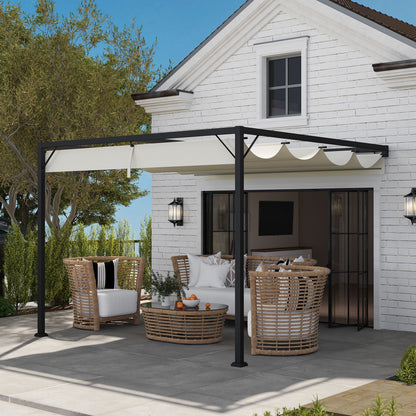 Outsunny 3 x 3(m) Outdoor Wall Mounted Pergola with Retractable Canopy -Cream White