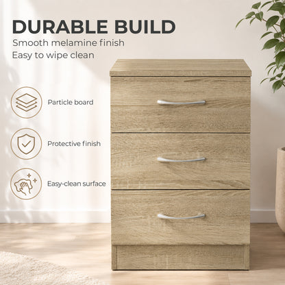 3-Drawer Bedside Table with Aluminium Handles & Wooden Glides | Oak Tone Melamine Finish | Non-Slip Pads | 40x35x58cm | 50kg Capacity | 10kg Per Drawer | Particleboard | Assembly Required