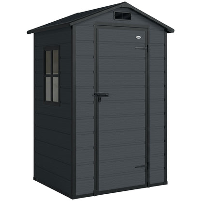 Compact PP & Aluminium Garden Storage Shed with Floor | Apex Roof | Latch Lock & Keys | Side Window | Vent | UV-Resistant | 40kg/m² Snow Rating | 128x104x196cm | Dark Grey & Black