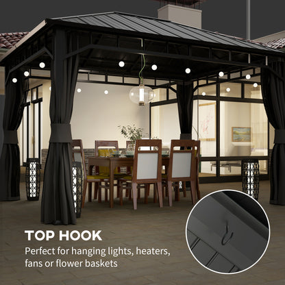 3 x 4m Hardtop Gazebo with Galvanised Steel Roof and Water Gutter, Waterproof Permanent Pavilion Garden Gazebo W/ Curtains for Patio, Deck