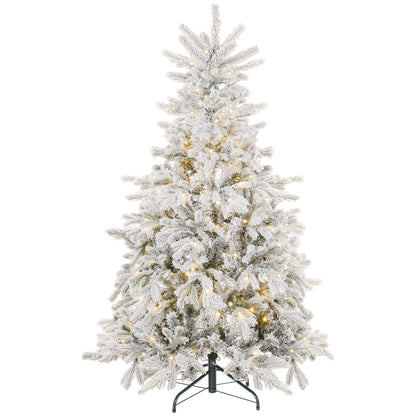 5ft Prelit Snow Flocked Artificial Christmas Tree with Warm White LED Light and 931 Tips, Metal Base, Snowy Realistic Xmas Tree
