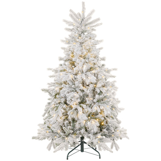 5ft Prelit Snow Flocked Artificial Christmas Tree with Warm White LED Light and 931 Tips, Metal Base, Snowy Realistic Xmas Tree
