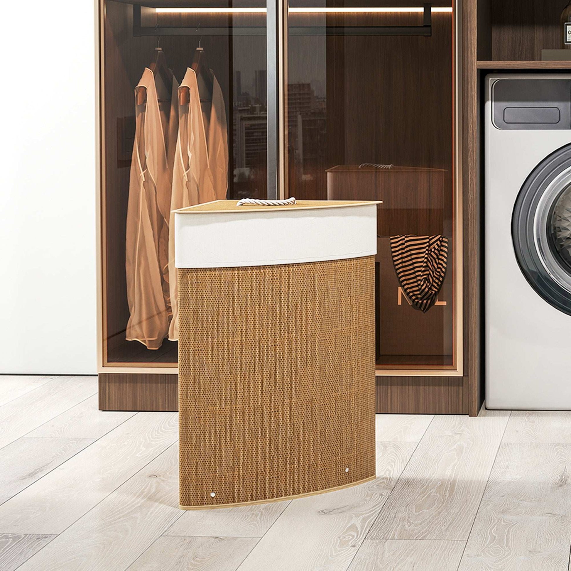 Bamboo Bathroom Triangle Laundry Basket with Lid, 55L Corner Hamper with Removable Washable Liner Bag, 35 x 35 x 60 cm, Brown