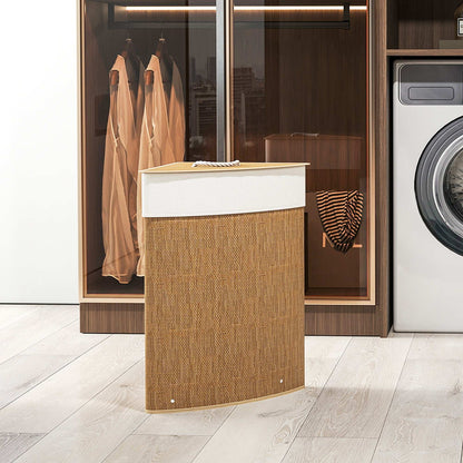Bamboo Bathroom Triangle Laundry Basket with Lid, 55L Corner Hamper with Removable Washable Liner Bag, 35 x 35 x 60 cm, Brown