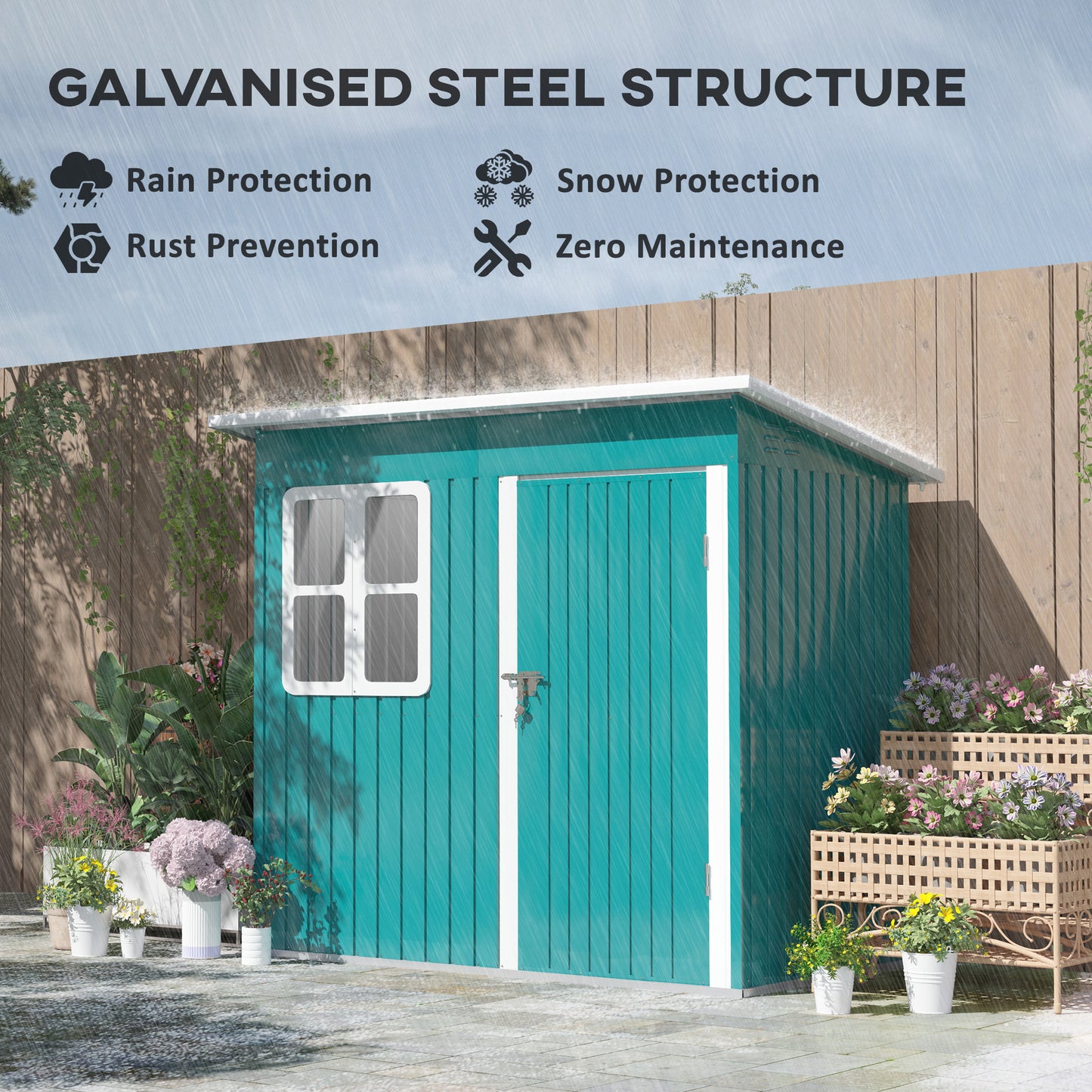 7 x 4ft Storage Shed Galvanised Steel Garden Metal Shed with Foundation Kit, Window, Lockable Wide Door and Air Vents for Outdoor Patio, Green