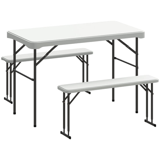 3 Piece 4ft Folding Picnic Table and Bench Set, Portable HDPE Camping Table and Chairs with Carrying Handle, Dining, Camping, Picnic, BBQ, Party, Light Grey